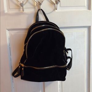Black Velvet Backpack with Gold Zippers